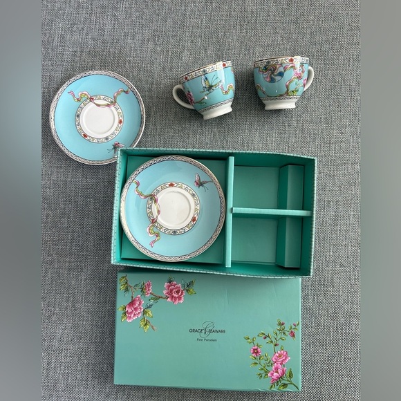 New Grace's Teaware Set of 2 Fine Porcelain Espresso Cups & Saucers - Picture 4 of 11